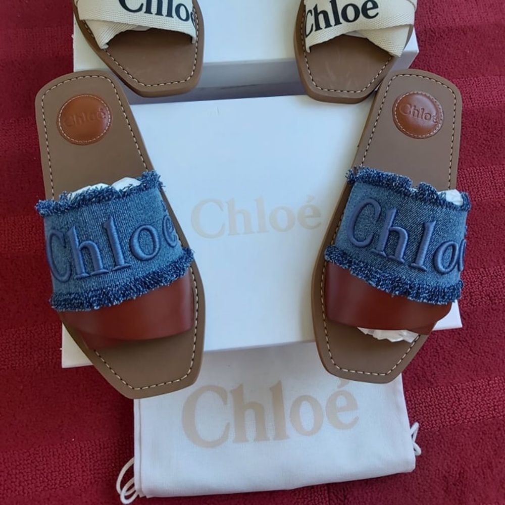 Chloé Woody Denim and Leather Slides